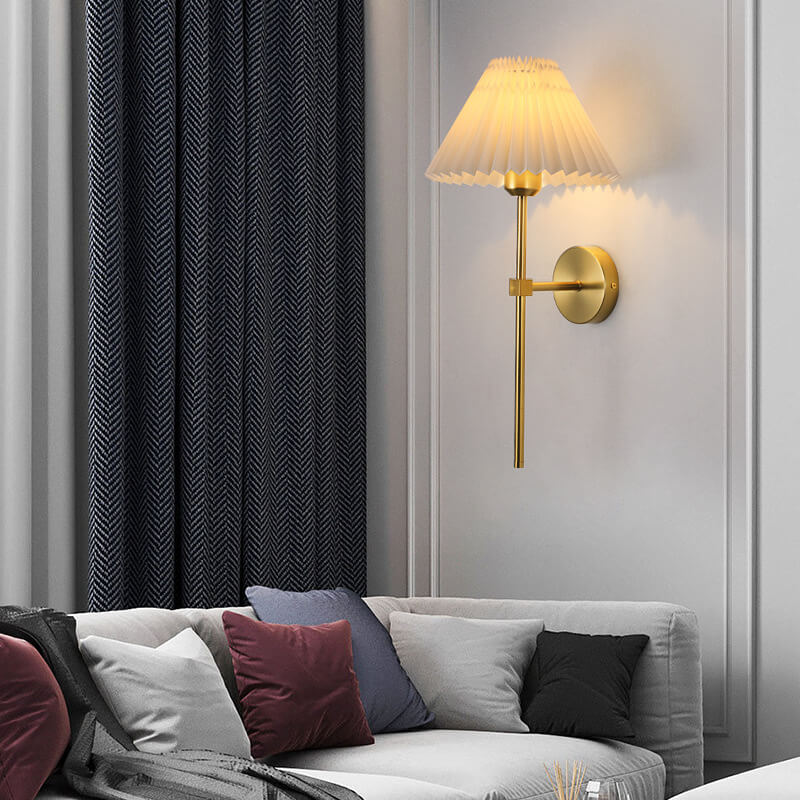 Antique Beige Pleated Fabric Shade Wall Sconce Lamp for Bedroom Decor