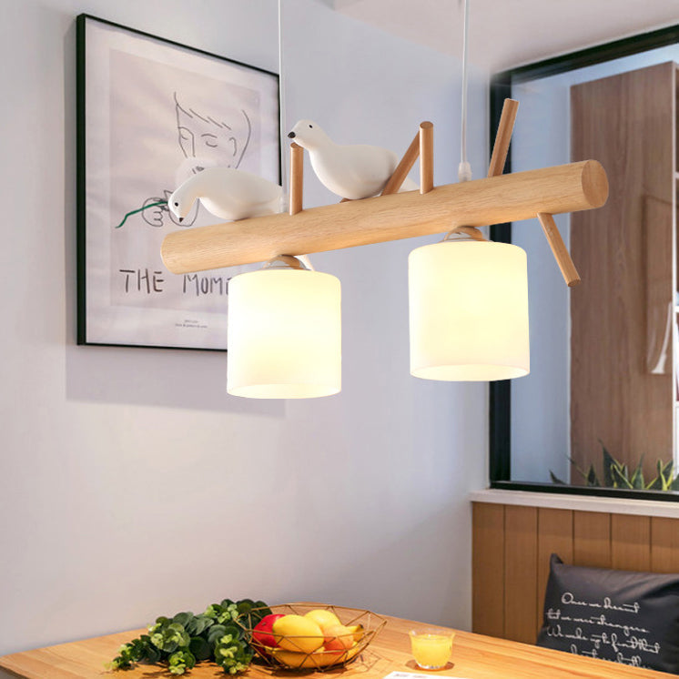 Scandinavian Wood and Glass Cylinder Chandelier for Dining Room Lighting
