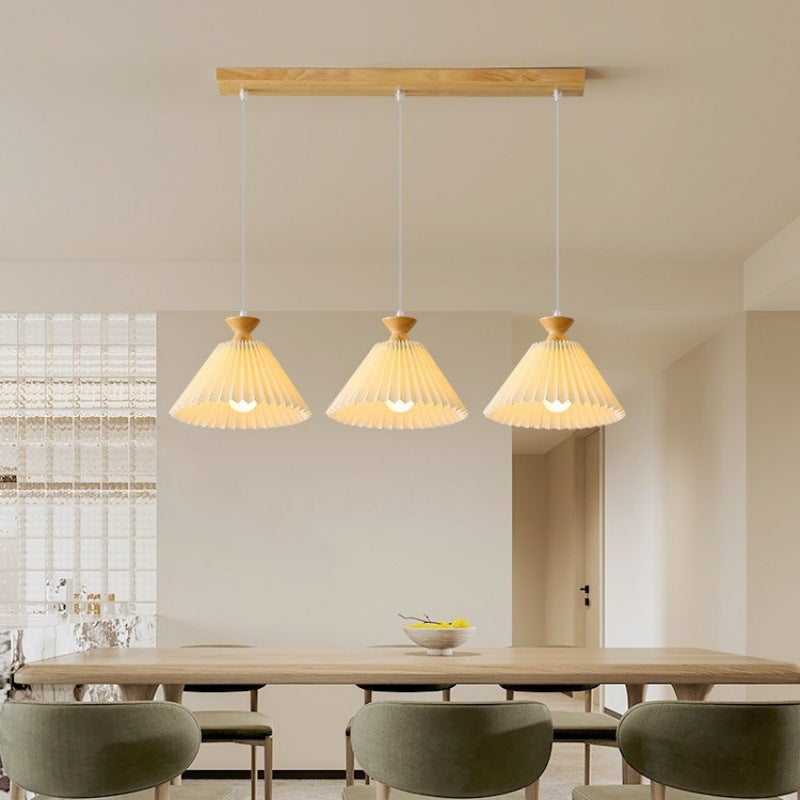 Traditional Japanese Pleated Cone Rubberwood Chandelier for Living Room