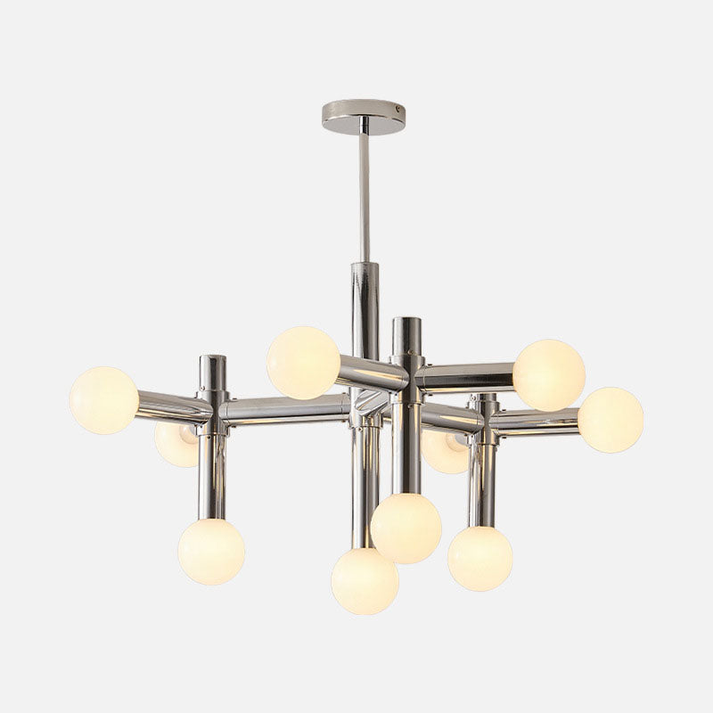 Mid-Century Modern Silver Iron 10-Light Glass Ball Chandelier for Living Room