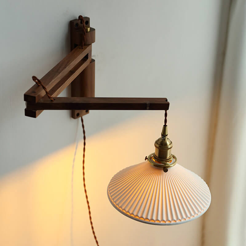 Elegant White Striped Glass 1-Light Walnut Wall Sconce for Modern Rooms