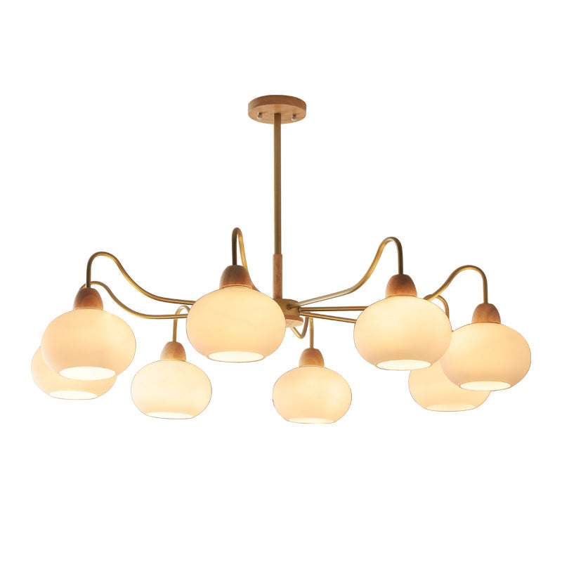 Scandinavian Rubberwood & Glass Round Chandelier for Modern Living Room