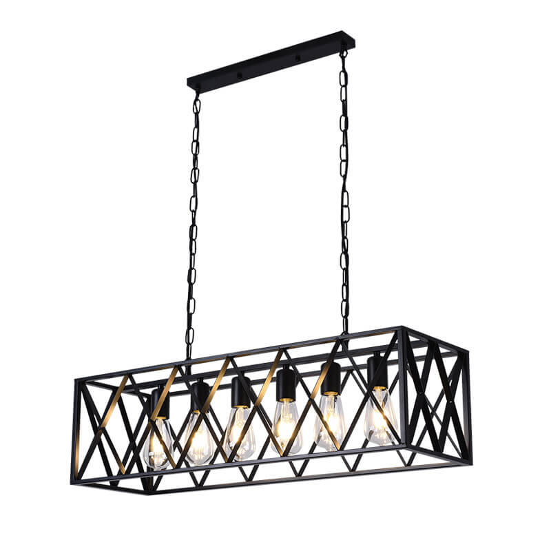 Rustic Black Iron Cage Rectangle Chandelier for Dining Room Island Light