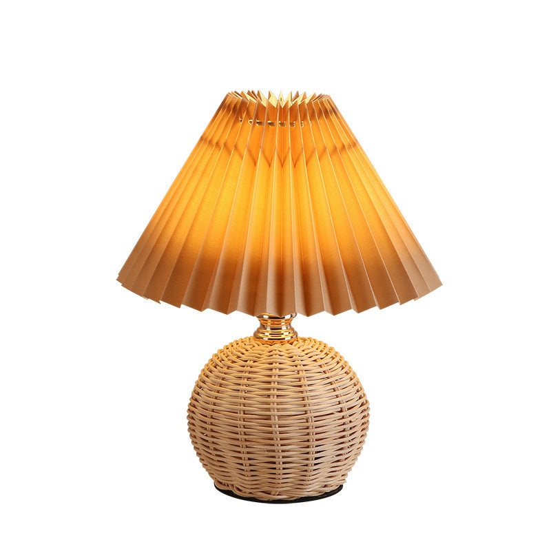 Scandinavian Rattan Pleated Conic LED Table Lamp for Modern Bedrooms
