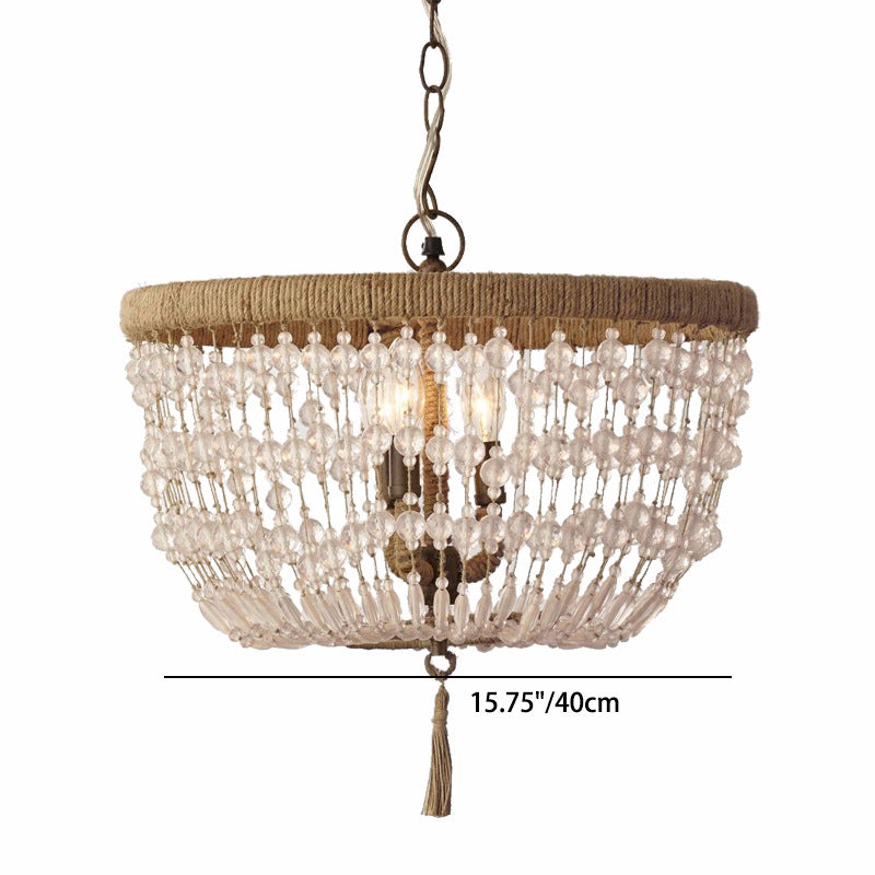 Rustic Round Hemp Rope Crystal 3-Light Chandelier for Living Room Décor