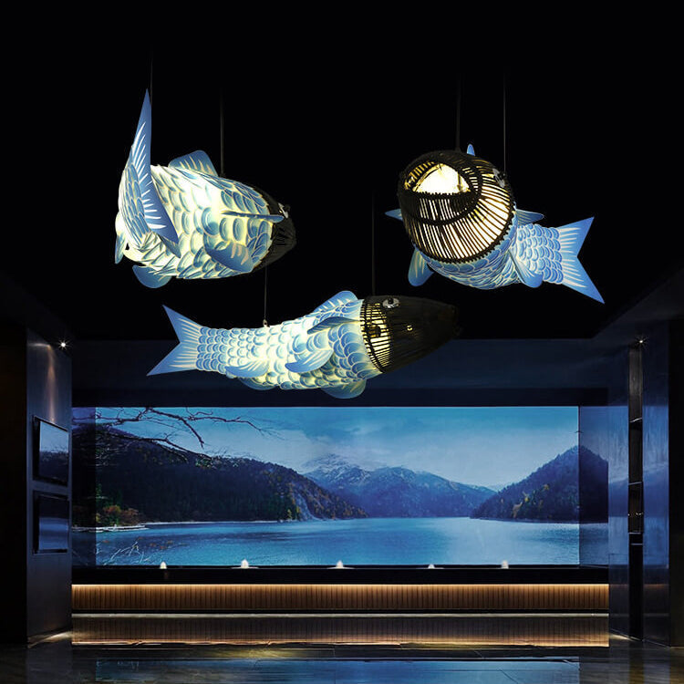 Elegant Chinese Koi Fish Iron and PVC Chandelier for Dining Room 2/4 Lights