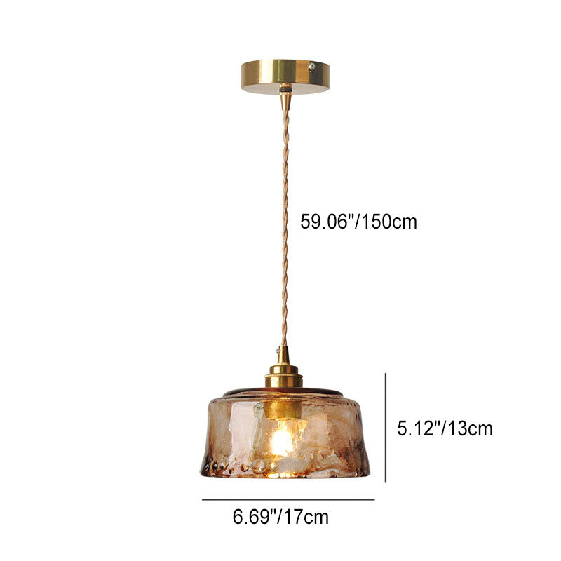 Vintage Amber Glass Drum Pendant Light with Brass for Living Room