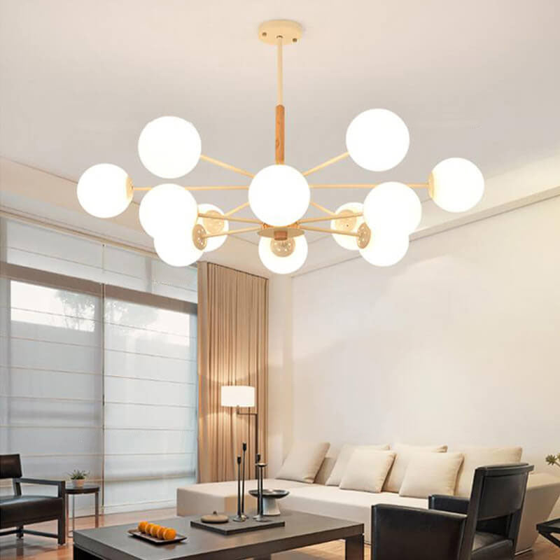 Contemporary Nordic Log Magic Bean Rubberwood Iron Glass 6/8/12/16-Light Chandelier For Living Room & Bedroom
