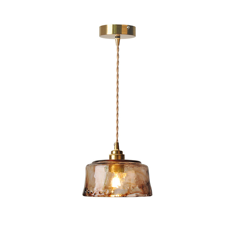 Vintage Amber Glass Drum Pendant Light with Brass for Living Room