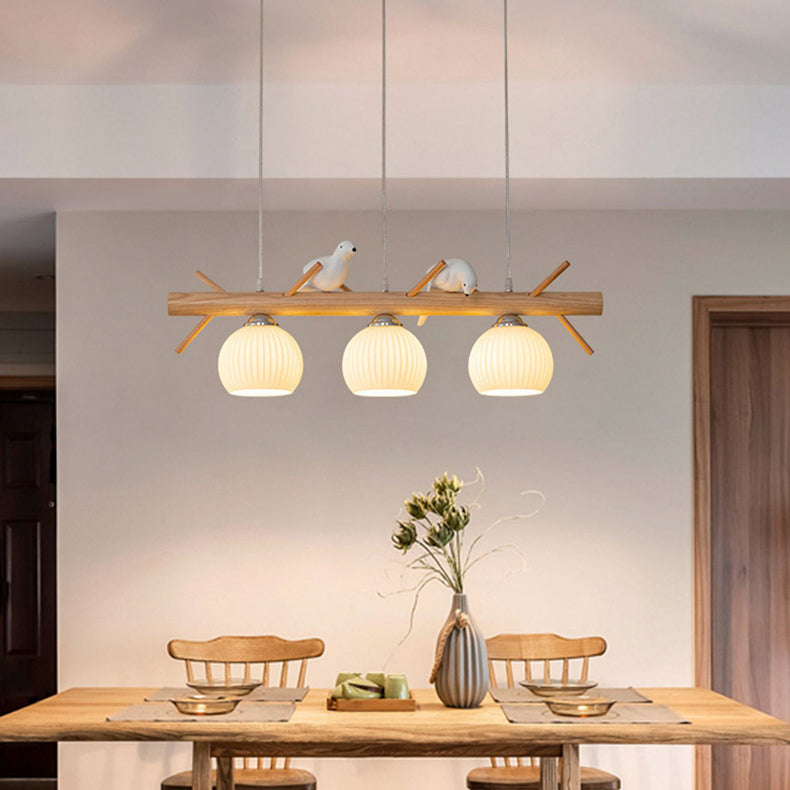 Elegant Traditional Japanese Wood and Glass 3-Light Chandelier for Living Room