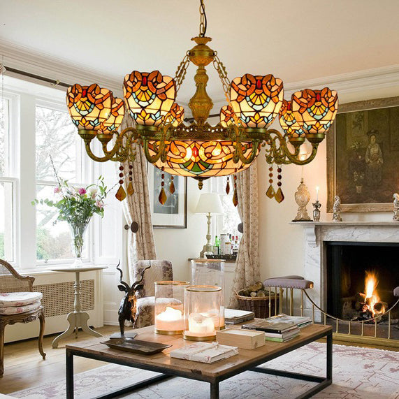 Vintage Tiffany Baroque Glass and Iron 8/11 Light Chandelier for Living Room