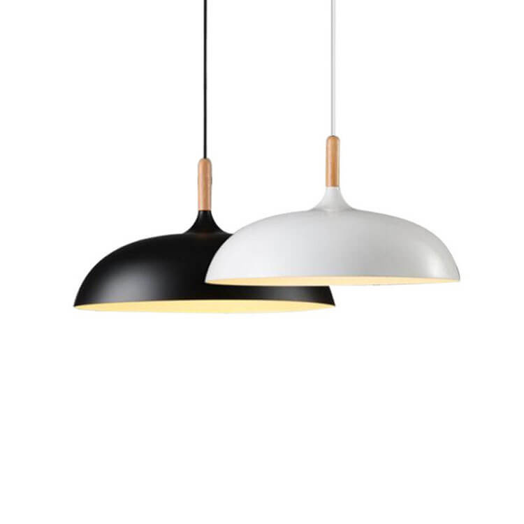 Sleek Black Metal and Wood Dome Pendant Light for Kitchen or Dining Room