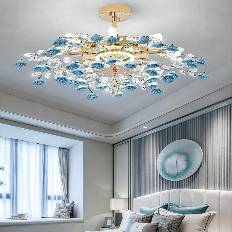 Elegant Rose Gold Iron Ceramic Crystal Chandelier for Dining Room