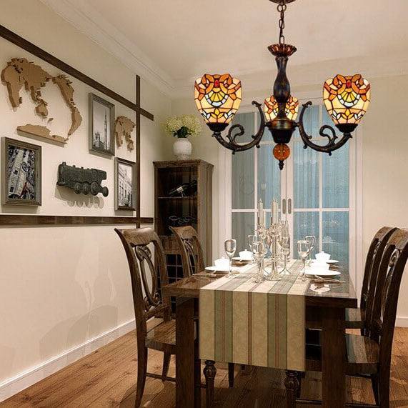 Traditional Tiffany Baroque Bell Alloy Glass 3-Light Chandelier For Living Room