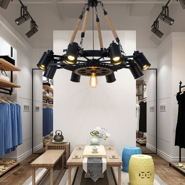 Industrial Retro Wrought Iron Hemp Rope Chandelier for Living Room
