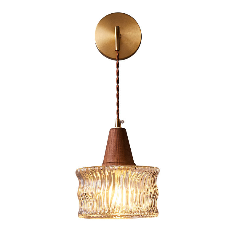 Rustic Japanese Walnut Glass Copper Cylinder Wall Sconce for Entryway