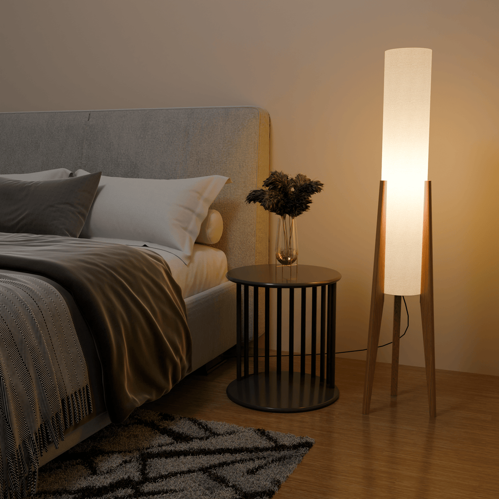 Modern White Fabric Floor Lamp with Wooden Base for Living Room Use