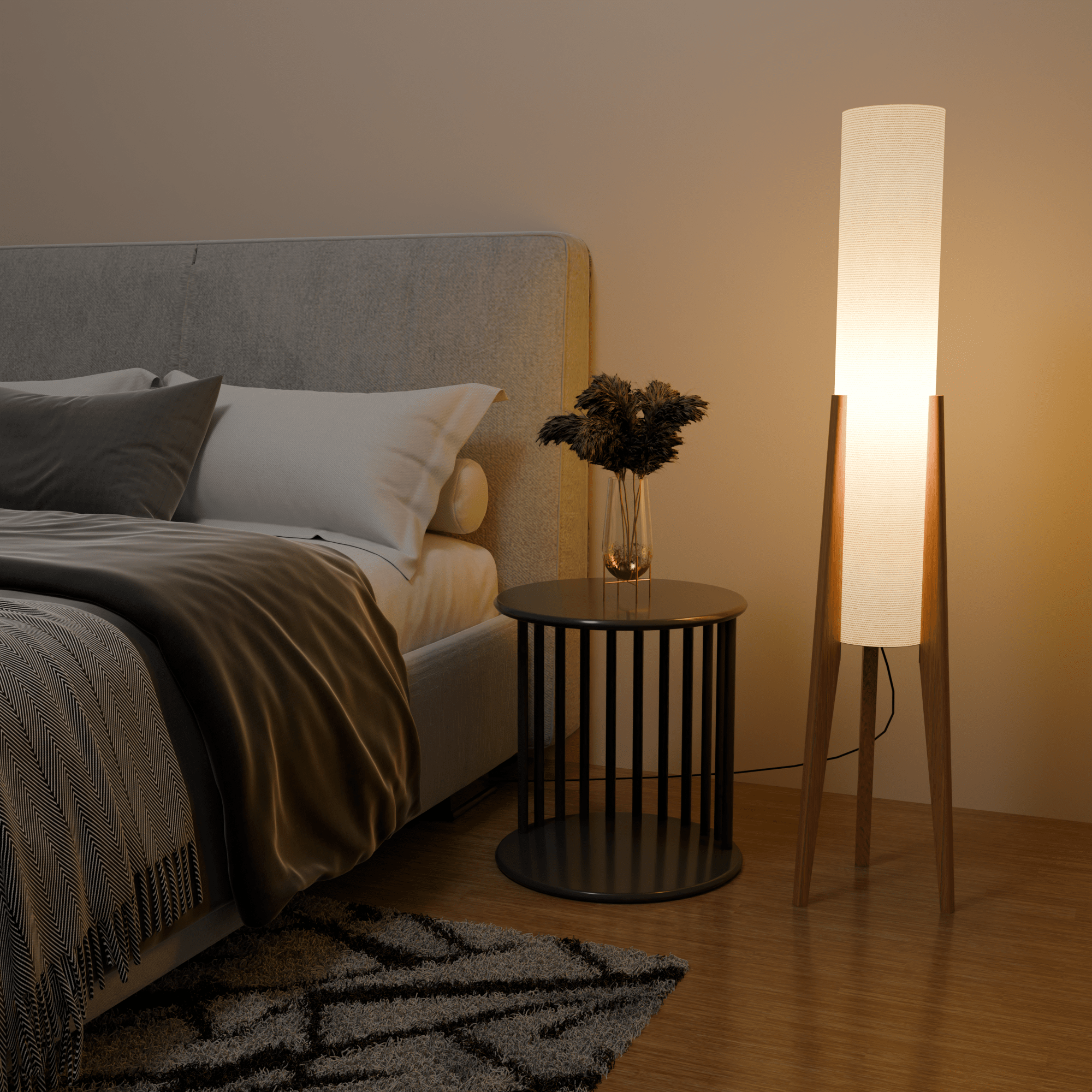 Modern White Fabric Floor Lamp with Wooden Base for Living Room Use
