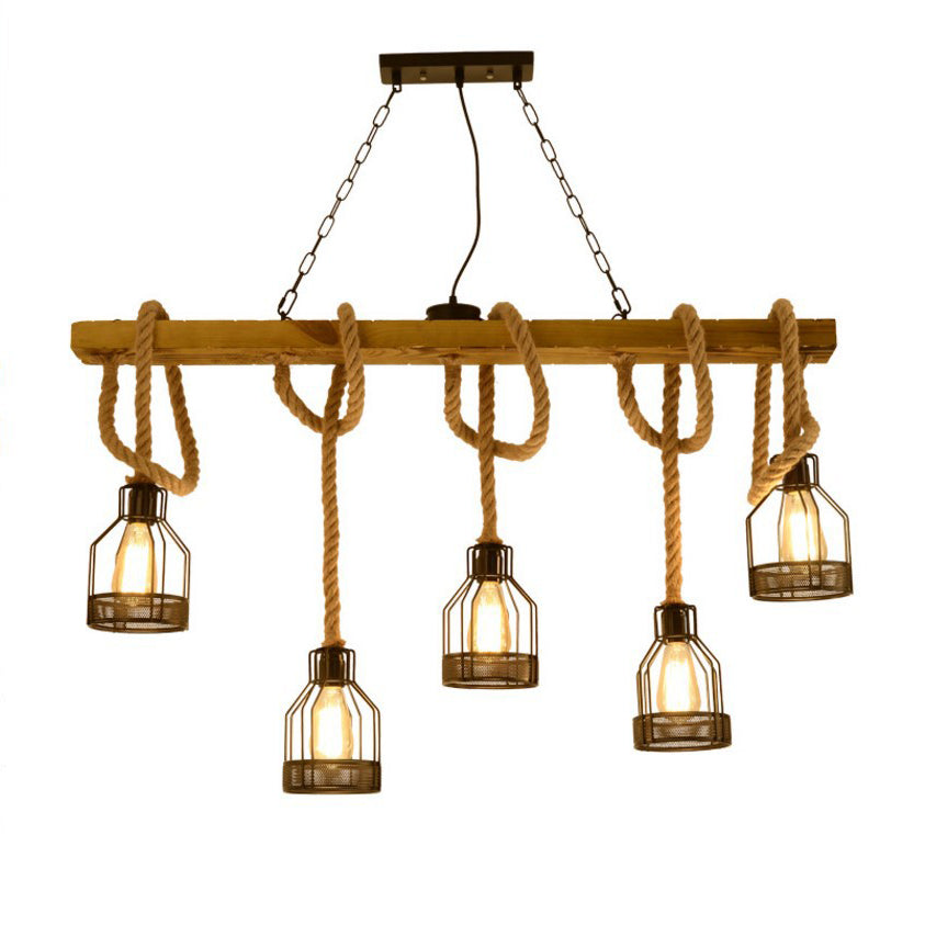 Rustic Wood Beam Iron Cage 5-Light Chandelier for Dining Room Decor