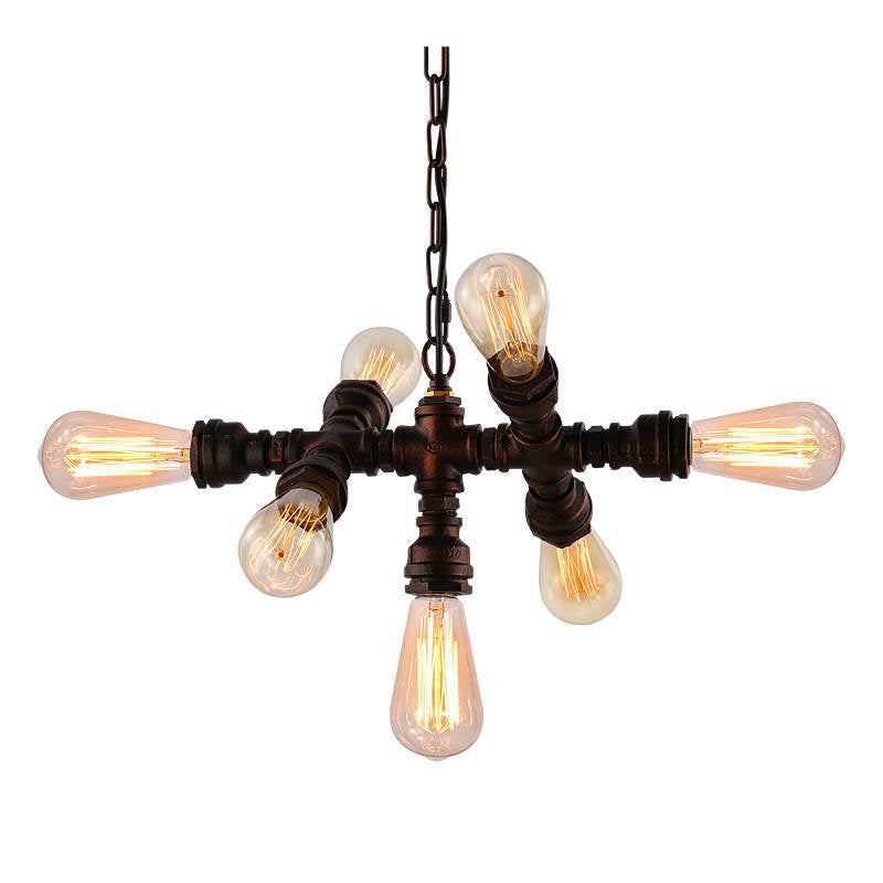Rustic Industrial Black Iron 7-Light Water Pipe Chandelier for Loft Dining