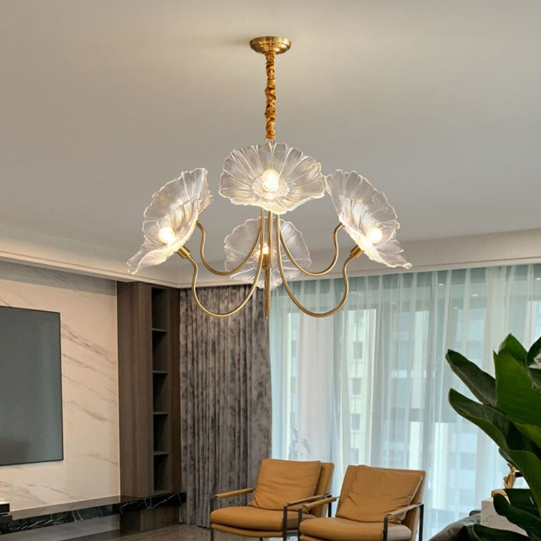Art Deco Gold-Finish Lotus Leaf Glass Shade Chandelier for Living Room