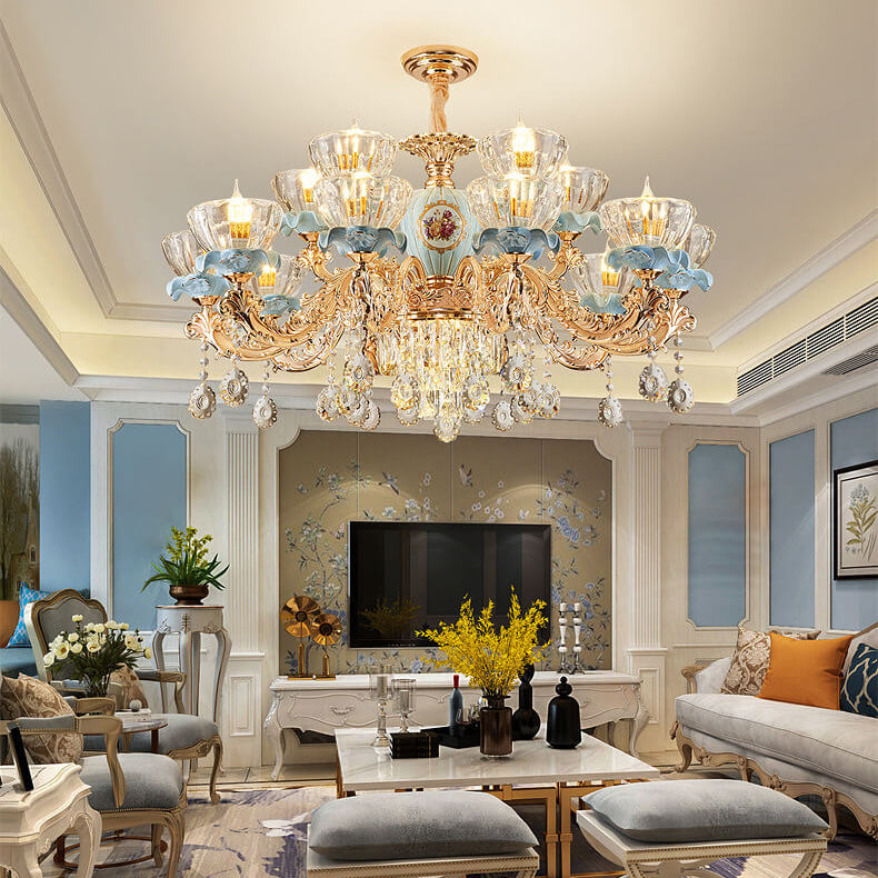 Elegant European Floral Crystal Chandelier in Zinc Alloy for Living Room