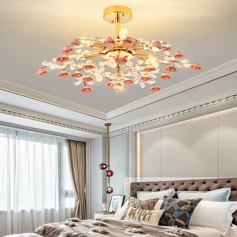 Elegant Rose Gold Iron Ceramic Crystal Chandelier for Dining Room