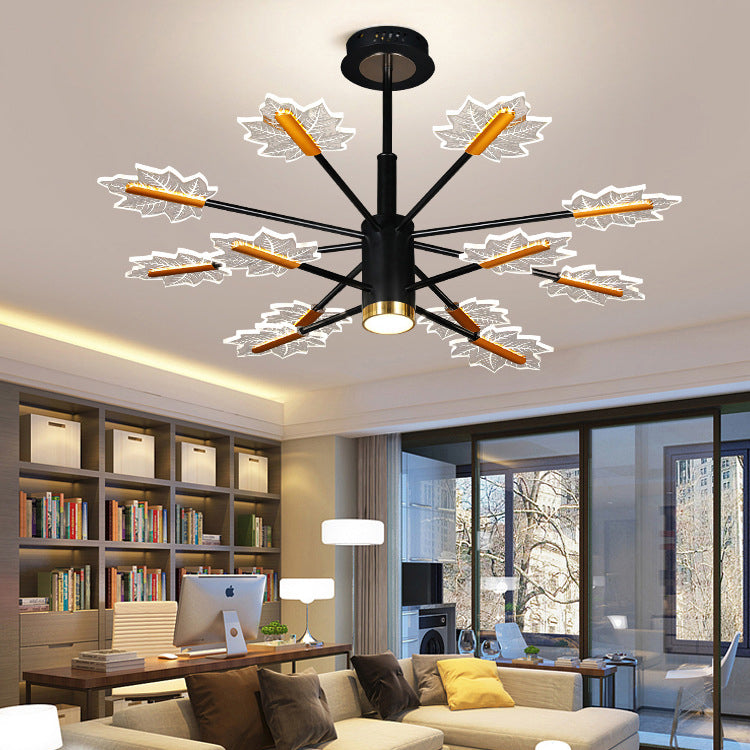 Sleek Black Iron Acrylic LED Chandelier with Maple Leaf Design for Living Room