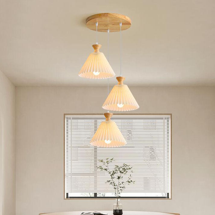 Traditional Japanese Pleated Cone Rubberwood Chandelier for Living Room