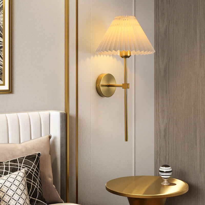 Antique Beige Pleated Fabric Shade Wall Sconce Lamp for Bedroom Decor