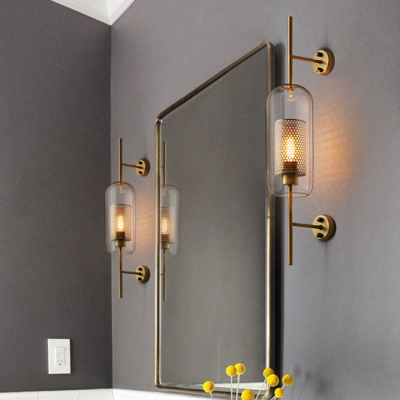 Industrial Iron Frame Wall Sconce with Cylinder Glass Shade for Bedroom