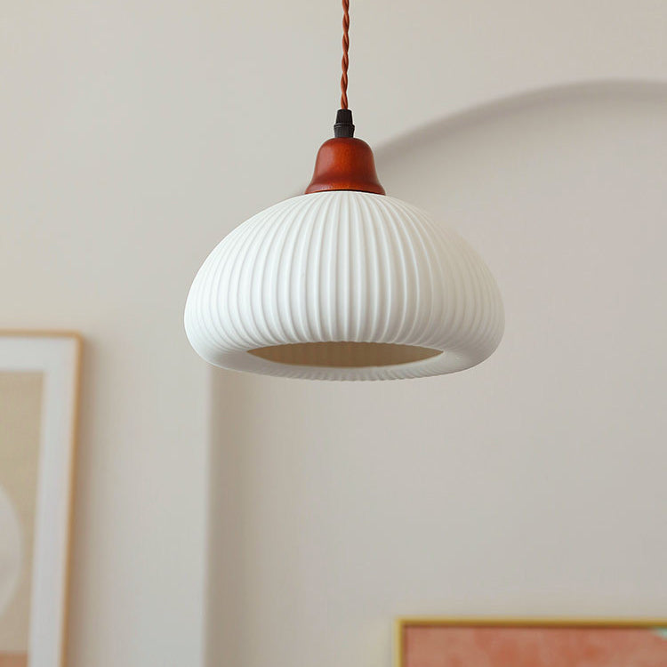 Japanese Ceramic Pleated Dome Pendant Light in Wood & Iron for Home