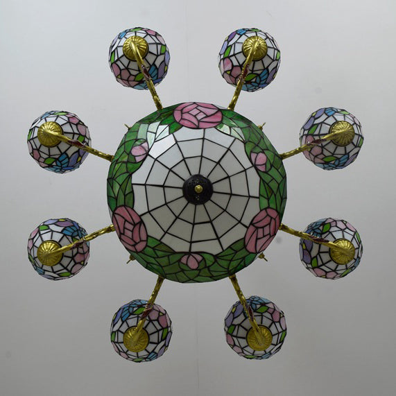 Vintage Tiffany-Style Floral Dome Iron Glass Chandelier for Living Room