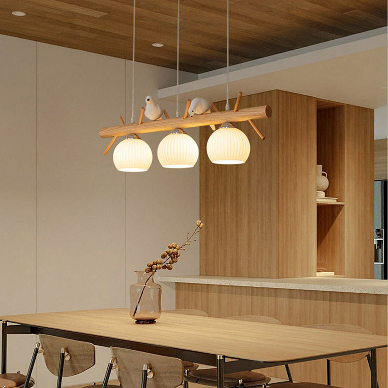 Elegant Traditional Japanese Wood and Glass 3-Light Chandelier for Living Room