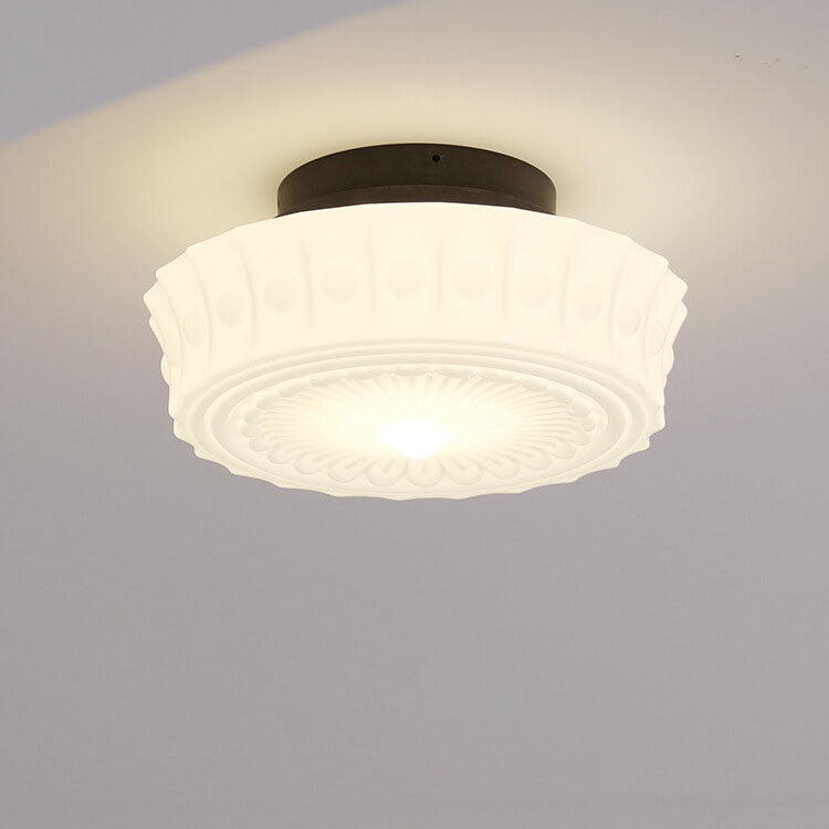 Elegant Black Iron Glass Striped Drum LED Ceiling Light for Living Room
