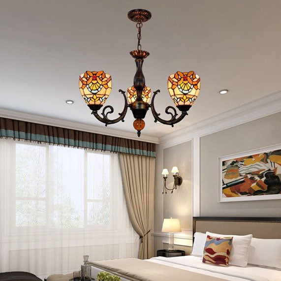 Traditional Tiffany Baroque Bell Alloy Glass 3-Light Chandelier For Living Room