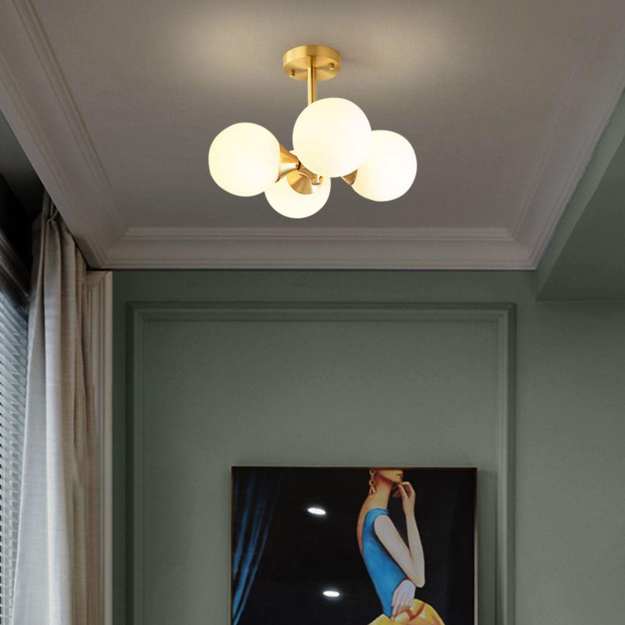 Stylish Mid-Century Modern 4-Light Gold Glass Globe Chandelier for Living Room