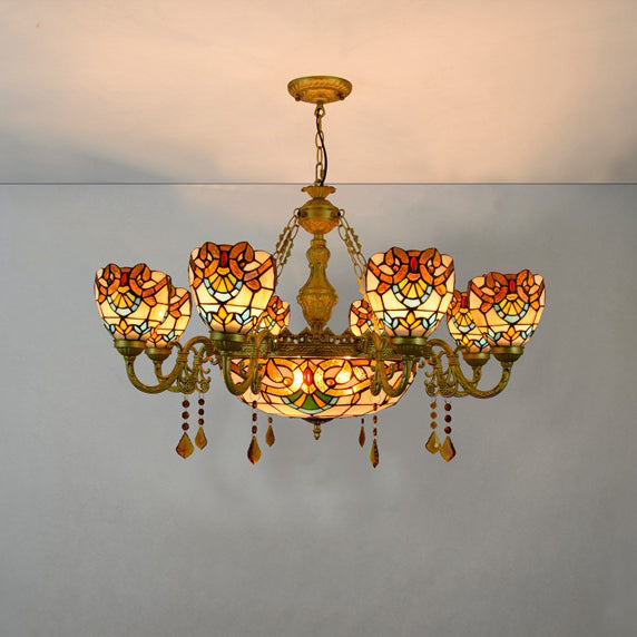 Vintage Tiffany Baroque Glass and Iron 8/11 Light Chandelier for Living Room