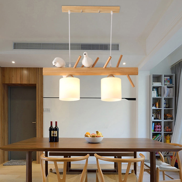 Scandinavian Wood and Glass Cylinder Chandelier for Dining Room Lighting