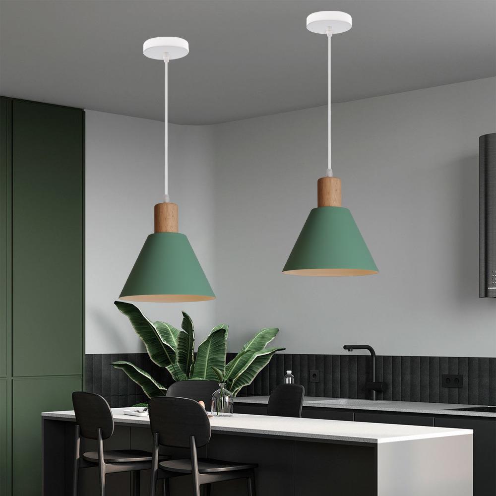 Vintage Iron and Wood Round Cone Pendant Light for Living Room Decor