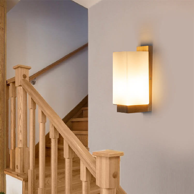 Contemporary Clear Glass & Wood Square Wall Sconce for Living Room