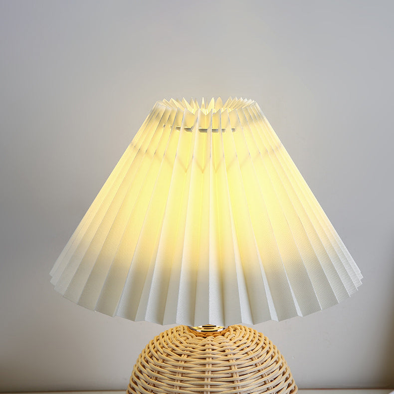 Scandinavian Rattan Pleated Conic LED Table Lamp for Modern Bedrooms