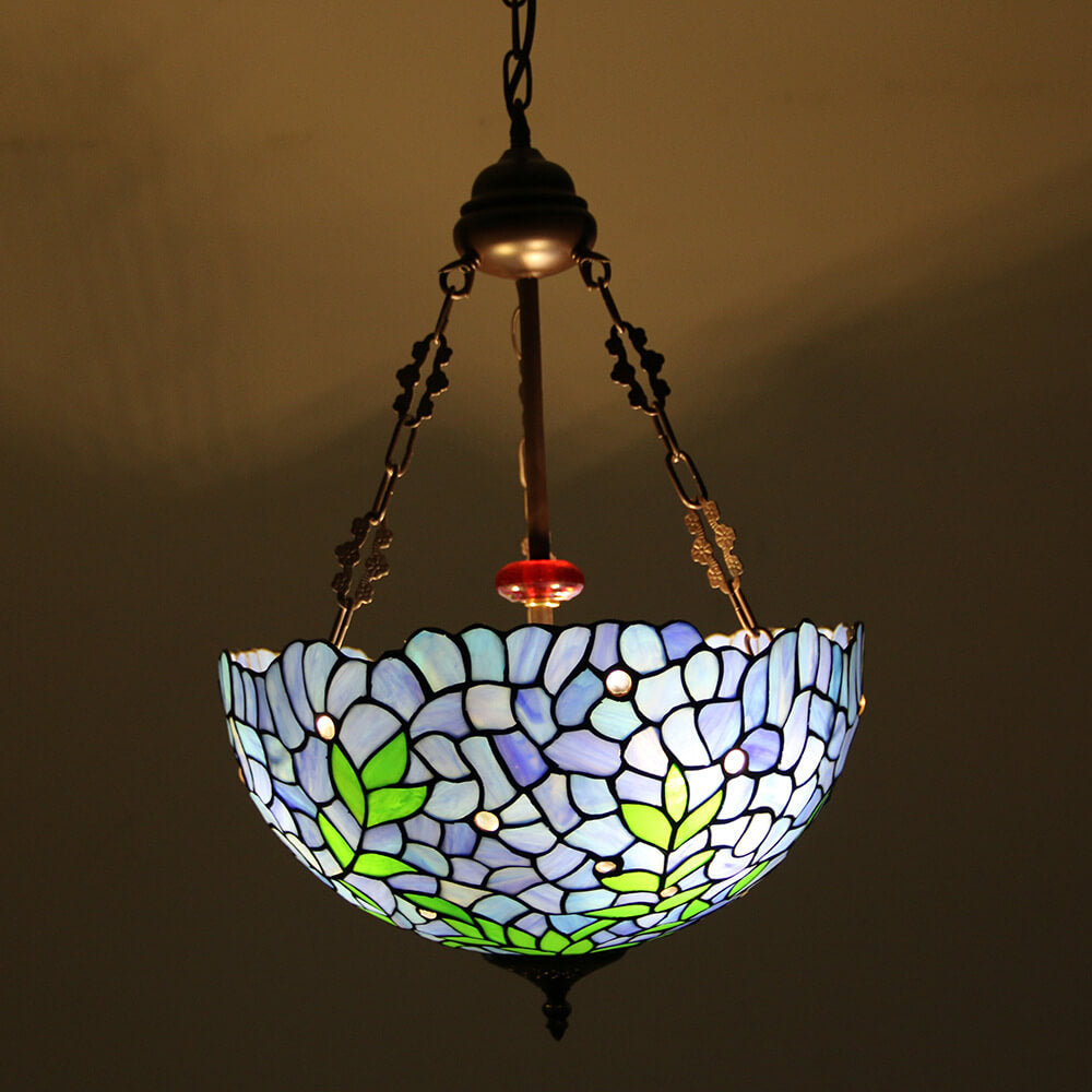 Vintage Tiffany Violet Stained Glass Round 3-Light Chandelier for Dining Room