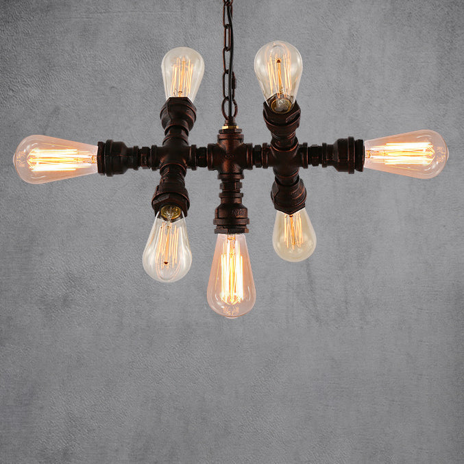 Rustic Industrial Black Iron 7-Light Water Pipe Chandelier for Loft Dining