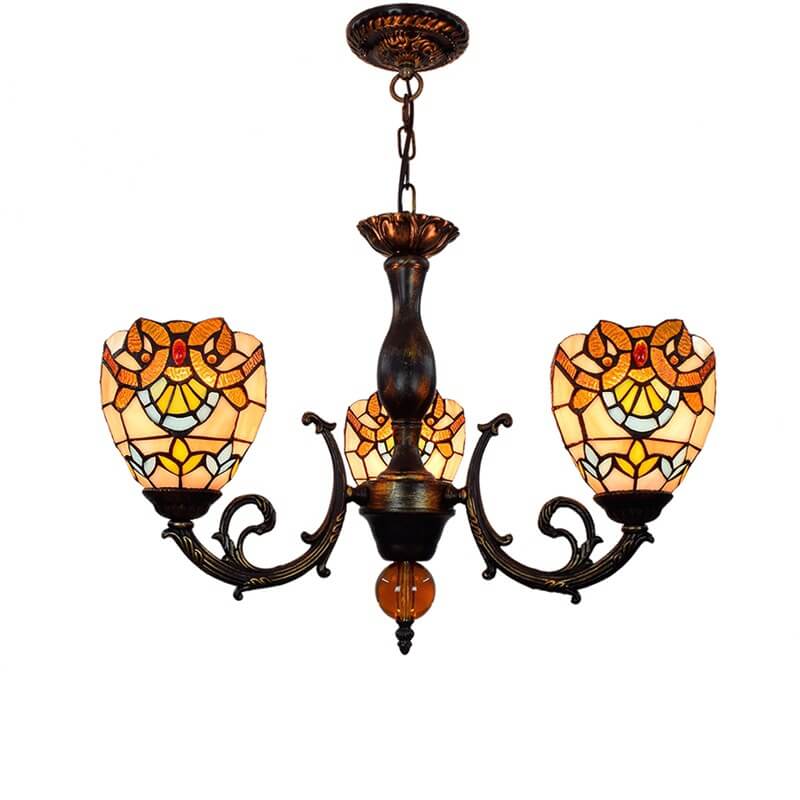 Traditional Tiffany Baroque Bell Alloy Glass 3-Light Chandelier For Living Room
