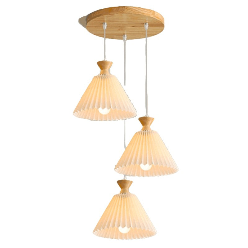 Traditional Japanese Pleated Cone Rubberwood Chandelier for Living Room