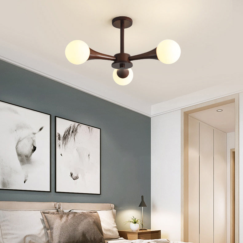 Rustic Japanese Wood Frame Glass Chandelier Light Fixture for Living Room