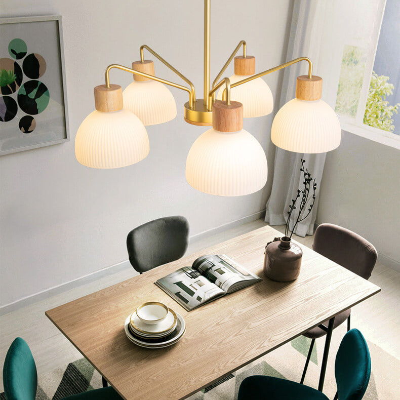 Vintage Nordic Wooden Chandelier with Glass Dome Shade for Living Room