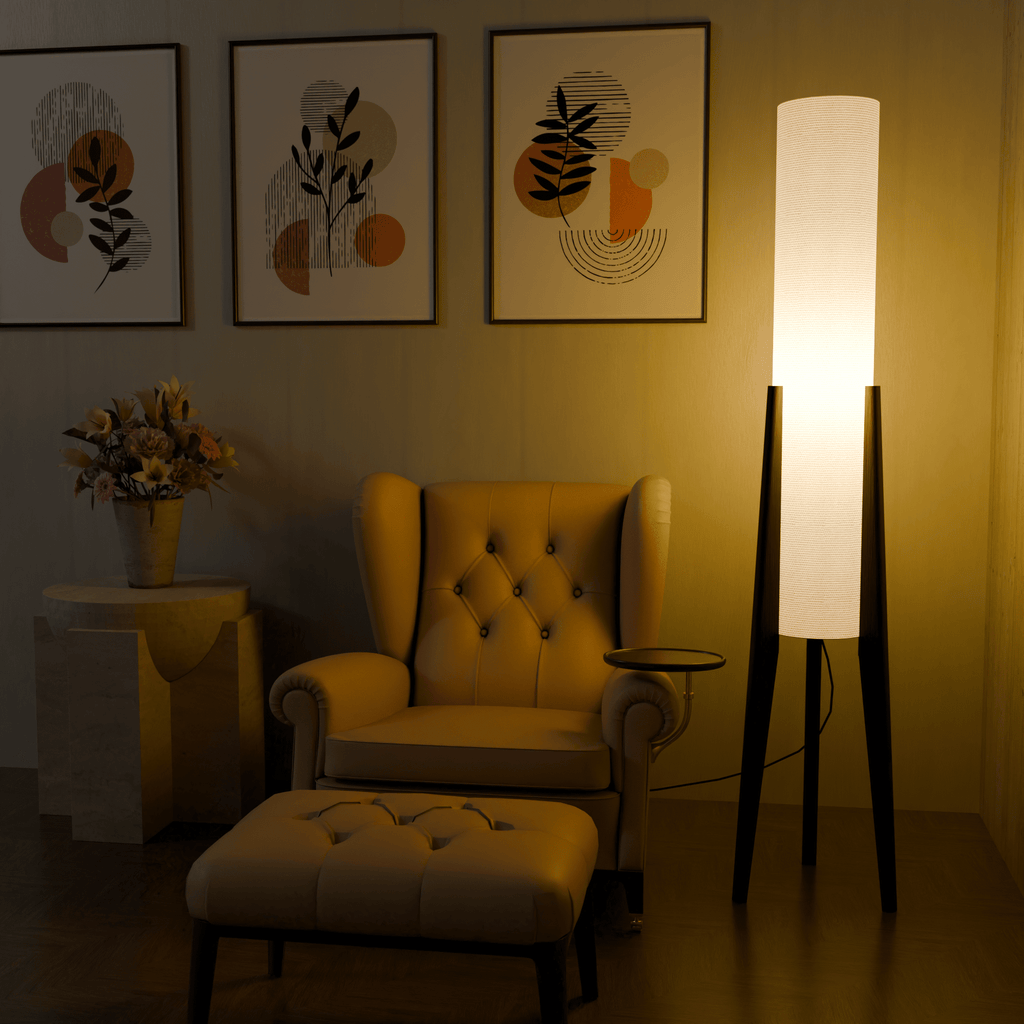 Modern White Fabric Floor Lamp with Wooden Base for Living Room Use