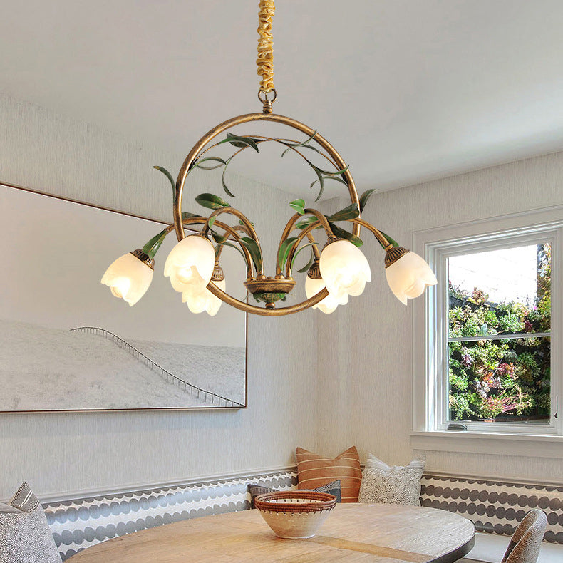 Modern Art Deco 6/8-Light Iron Lacquered Chandelier with Tulip Glass Shade